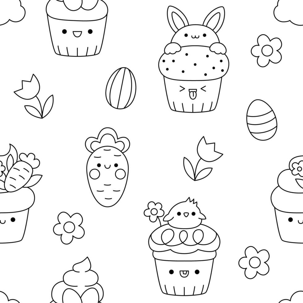 vector zwart en wit kawaii Pasen naadloos patroon voor kinderen met grappig cupcakes. schattig voorjaar tekenfilm herhaling achtergrond of kleur bladzijde. digitaal papier met gekleurde eieren, taarten, wortel