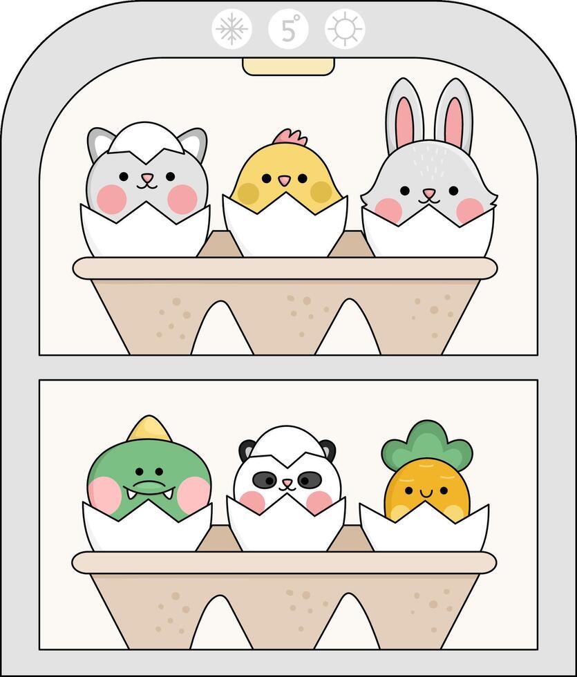 vector kawaii koelkast met ei verpakking en uitkomen dieren binnen. Pasen illustratie met schattig kat, kuiken en konijn zittend in eierschaal. schattig voorjaar icoon voor kinderen