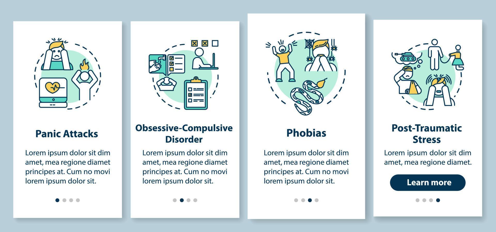 psychische stoornissen onboarding mobiele app paginascherm met concepten. psychologische ziekten walkthrough vier stappen grafische instructies. paniekaanvallen. ui-vectorsjabloon met rgb-kleurenillustraties vector