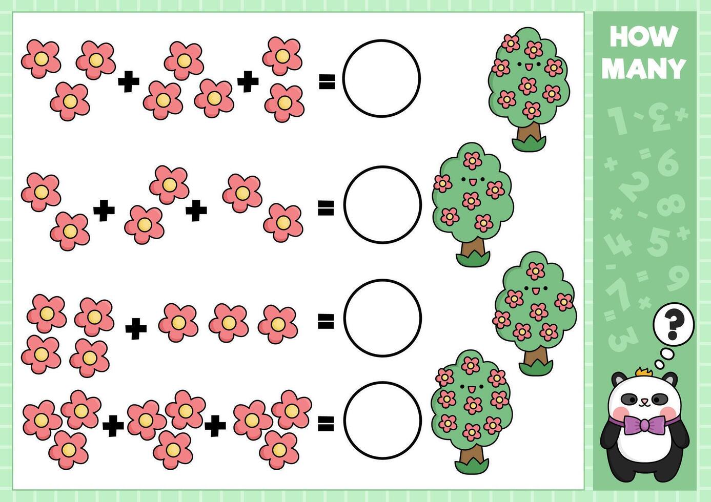 voorjaar bij elkaar passen spel met schattig kawaii bloeiende bomen. tuin wiskunde werkzaamheid voor peuter- kinderen. leerzaam afdrukbare Pasen tellen werkblad met tekenfilm bloemen vector