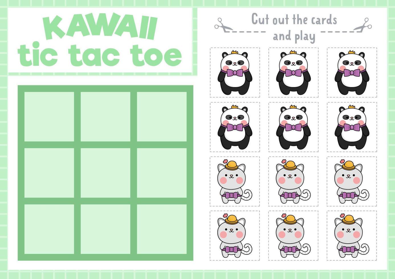 vector kawaii tic tac teen tabel met aanbiddelijk panda beer en kat. bord spel spelen veld- met schattig karakters. grappig afdrukbare werkblad. nullen en kruisen rooster