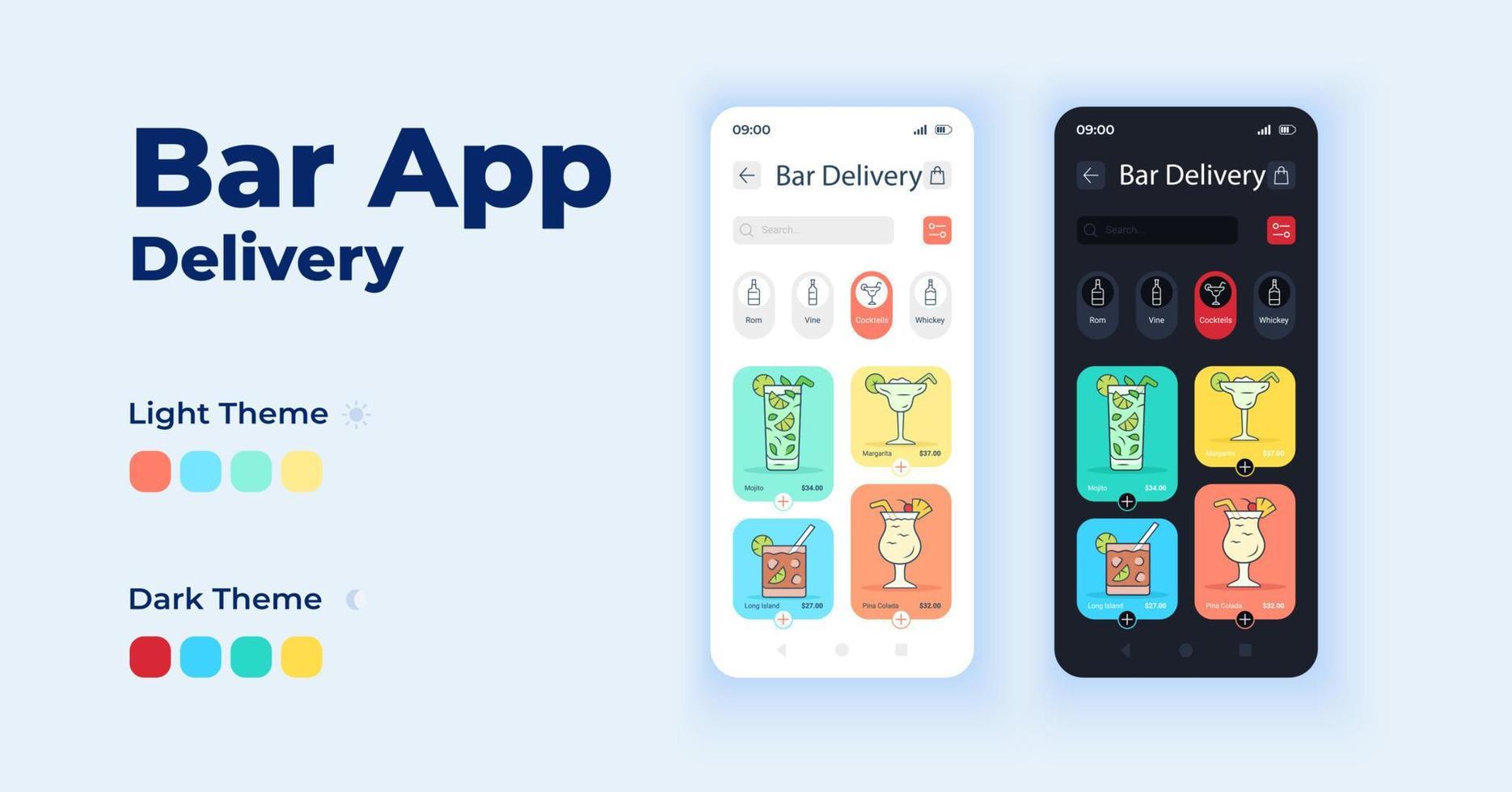 bar app cartoon smartphone interface vector sjablonen set. verzending van alcoholische dranken. mobiele app schermpagina dag en donkere modus ontwerp. pub menu ui voor toepassing. telefoondisplay met plat karakter