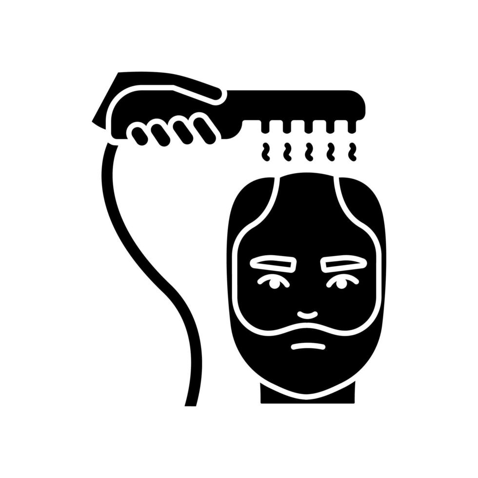 alopecia behandeling zwarte glyph pictogram. hulp bij mannelijke kaalheid. laser therapie. professionele dermatologische hulp, medische procedure. silhouet symbool op witte ruimte. vector geïsoleerde illustratie