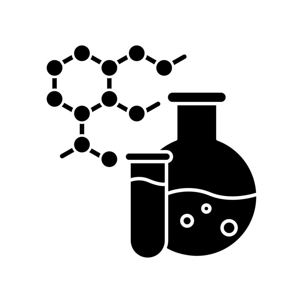 chemie zwart glyph-pictogram. wetenschappelijk en medisch onderzoek. biochemie en farmacologie. chemische vloeistof in kolf. eiwit moleculen. silhouet symbool op witte ruimte. vector geïsoleerde illustratie