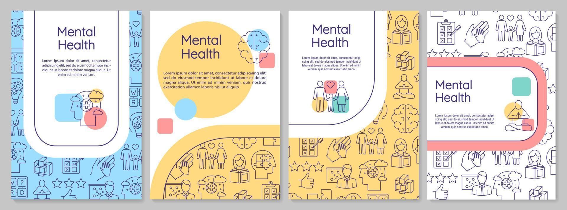 brochure sjabloon voor geestelijke gezondheid. psychologisch welzijn. psychiatrie flyer, boekje, folder afdrukken, omslagontwerp met lineaire pictogrammen. vectorlay-outs voor tijdschriften, jaarverslagen, reclameposters vector