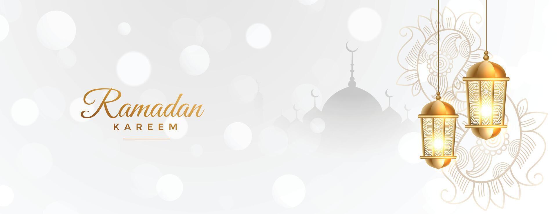 Ramadan kareem wit banier met gouden Islamitisch lantaarn vector