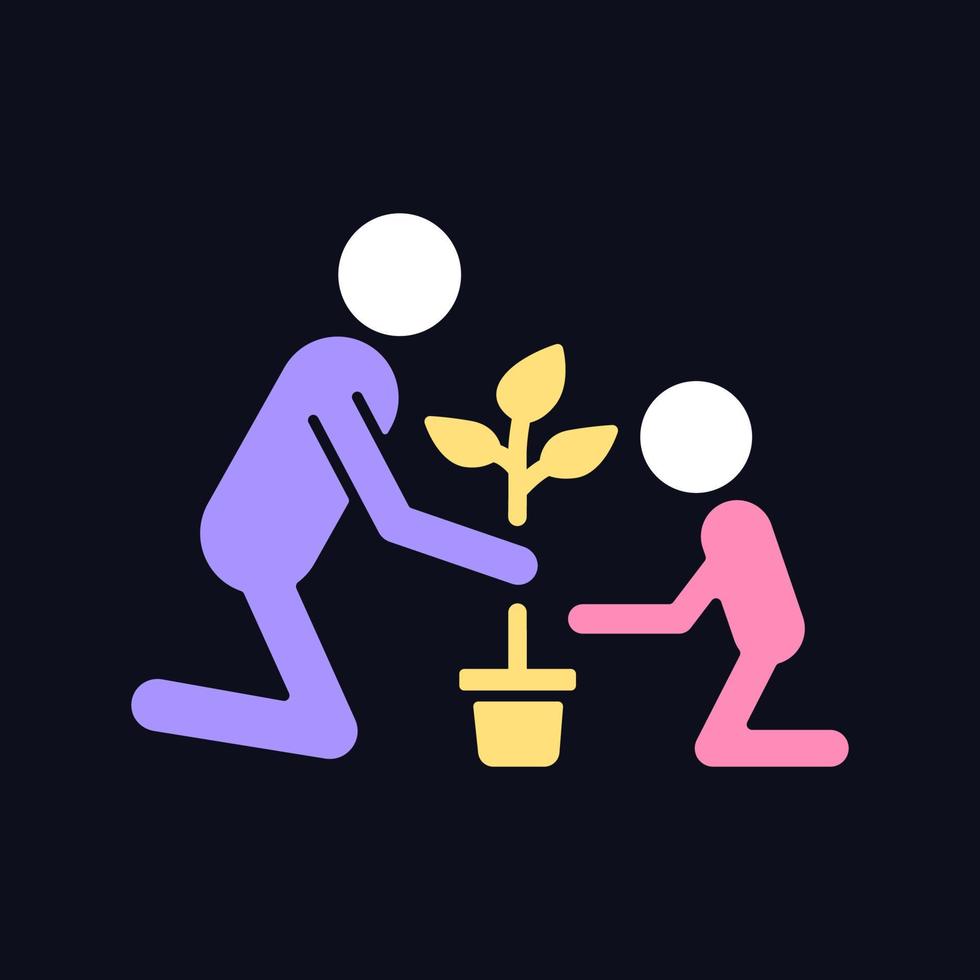 bloem planten met kid rgb-kleurpictogram voor donker thema. tuinieren met kinderen. Plant zaden. geïsoleerde vectorillustratie op de achtergrond van de nachtmodus. eenvoudige gevulde lijntekening op zwart vector