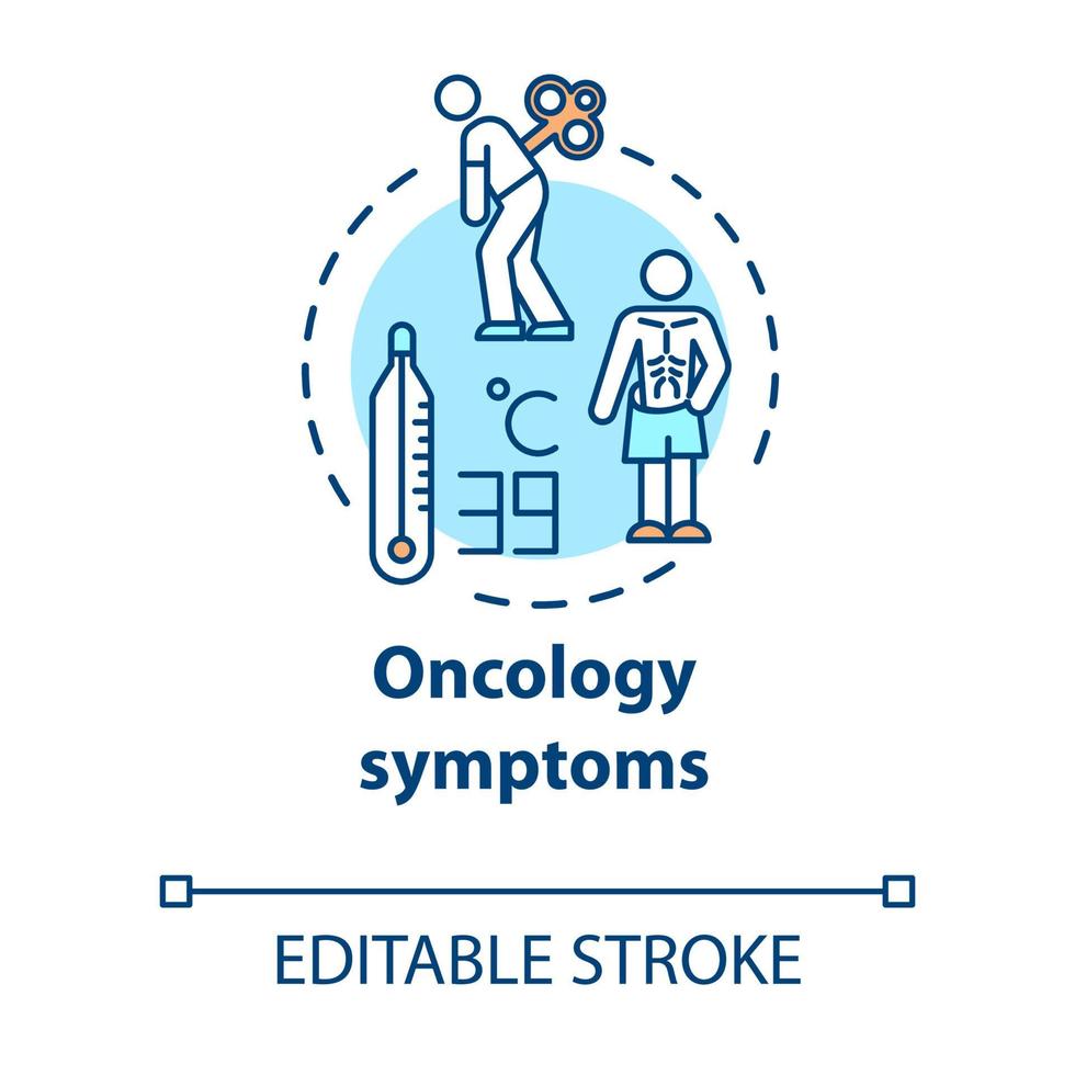 oncologie symptomen concept icoon. kanker syndroom. koorts, vermoeidheid, gewichtsverlies. menselijke ziekte. gezondheidszorg idee dunne lijn illustratie. vector geïsoleerde omtrek rgb kleur tekening. bewerkbare streek