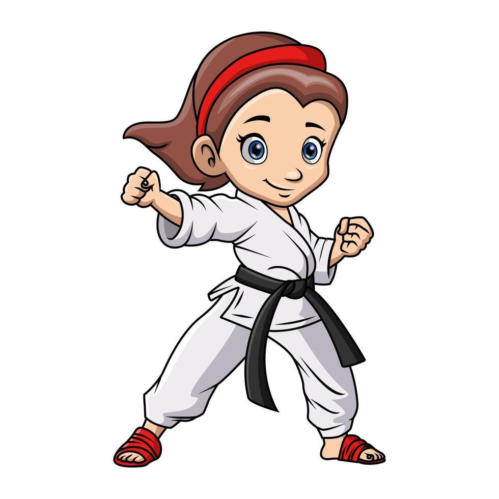 schattig weinig meisje opleiding karate vector