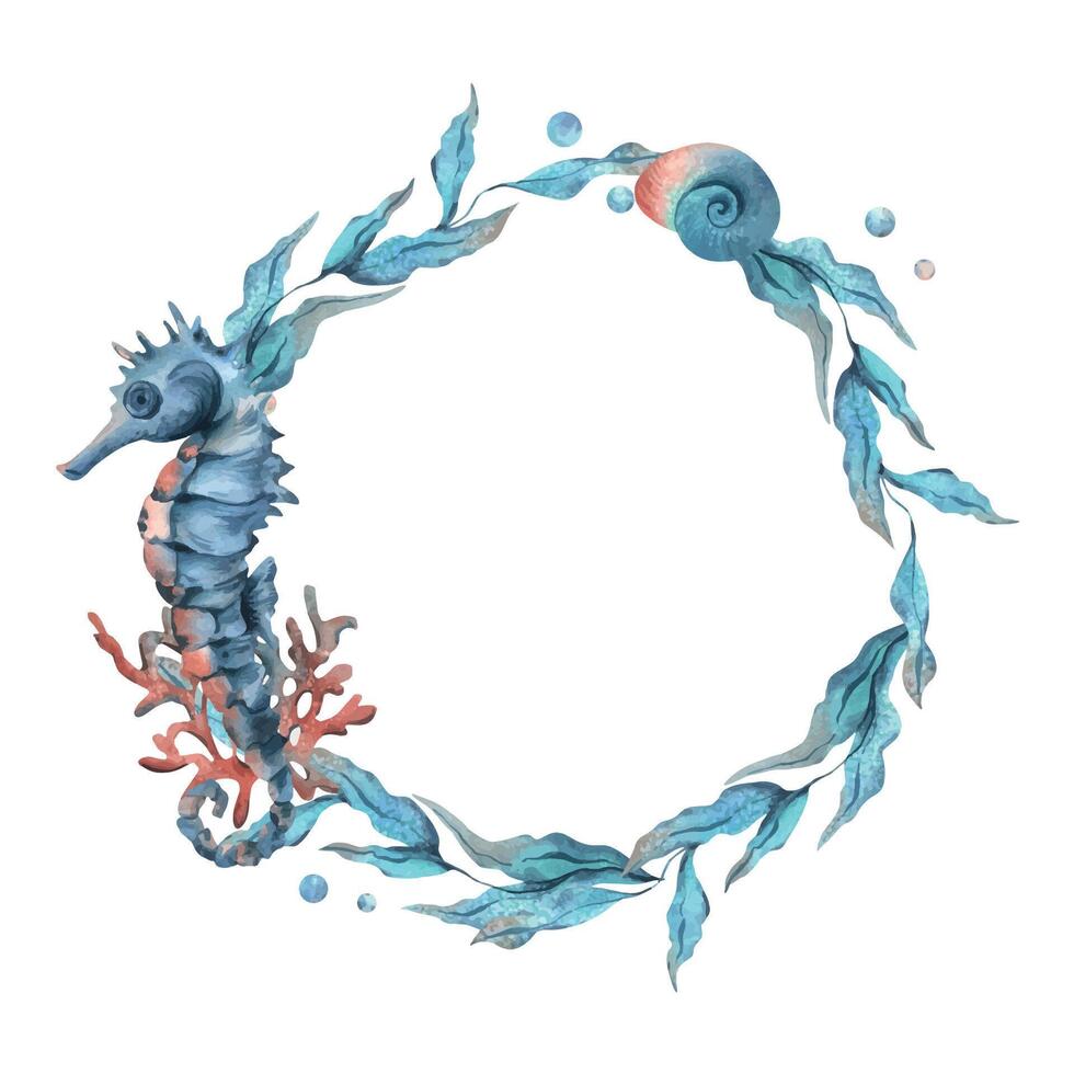 onderwater- wereld clip art met zee dieren zeepaardje, schelpen, koraal en algen. hand- getrokken waterverf illustratie. cirkel lauwerkrans, kader geïsoleerd van de achtergrond vector