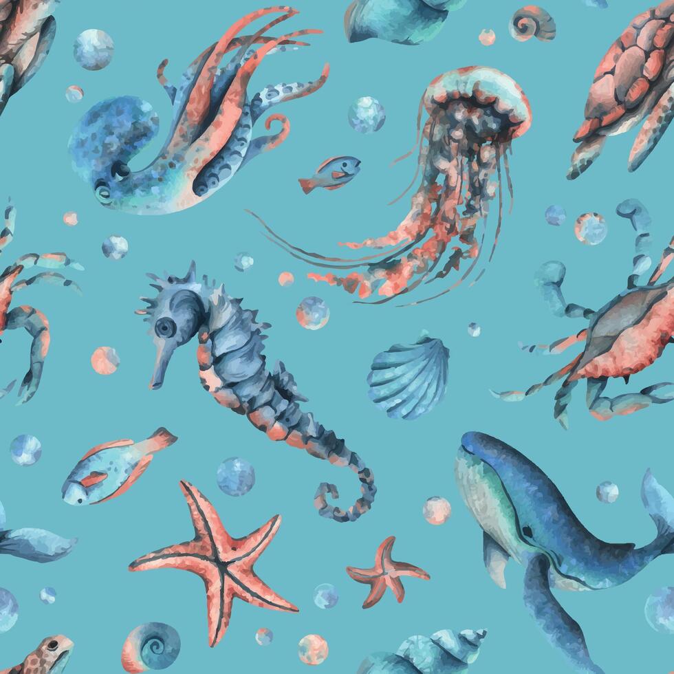 onderwater- wereld clip art met zee dieren walvis, schildpad, Octopus, zeepaardje, zeester, schelpen, koraal en algen. hand- getrokken waterverf illustratie. naadloos patroon Aan een blauw achtergrond vector eps