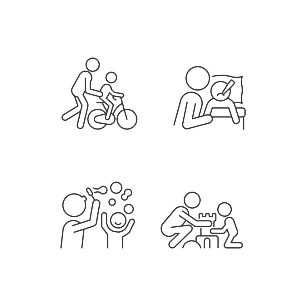 goed ouderschap lineaire iconen set. leren fietsen. omgaan met kinderziekte. blaas bellen tegen elkaar. aanpasbare dunne lijncontoursymbolen. geïsoleerde vectoroverzichtsillustraties. bewerkbare streek vector