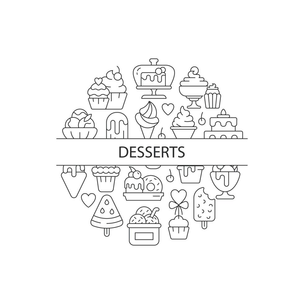 geassorteerde desserts abstracte lineaire concept lay-out met kop. snoep collectie minimalistisch idee. cafémenu voor desserts. dunne lijn grafische tekeningen. geïsoleerde vector contour iconen voor background