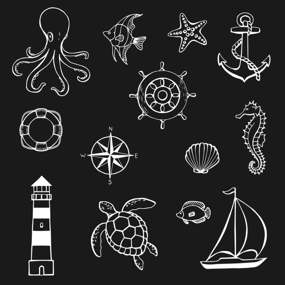 zee of oceaan onderwater- leven met verschillend dieren en marinier voorwerpen. hand- getrokken illustratie bekeerd naar vector. vector