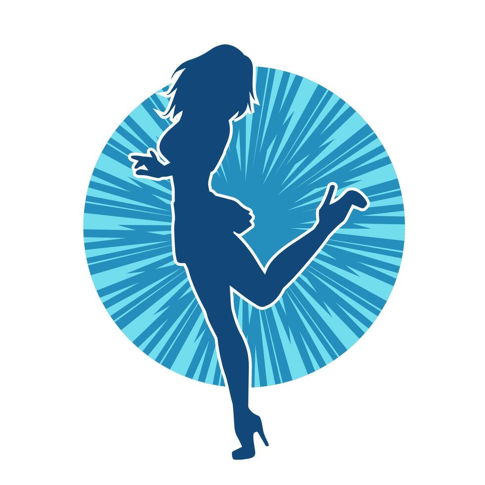 silhouet van een vrouw danser vervelend mini rok in actie houding. silhouet van een slank vrouw dansen gelukkig. vector