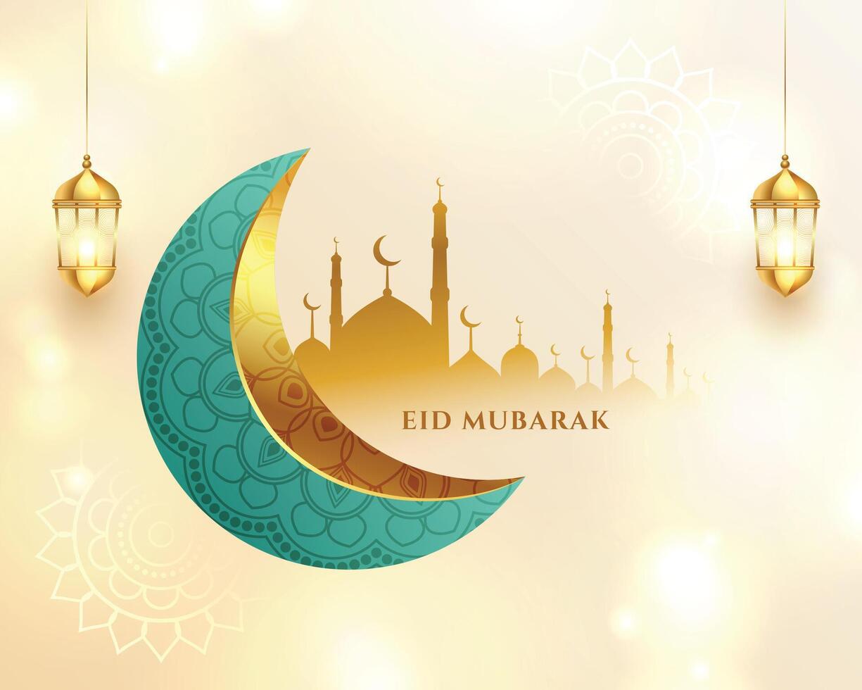 mooi eid mubarak glimmend achtergrond met realistisch maan en moskee vector