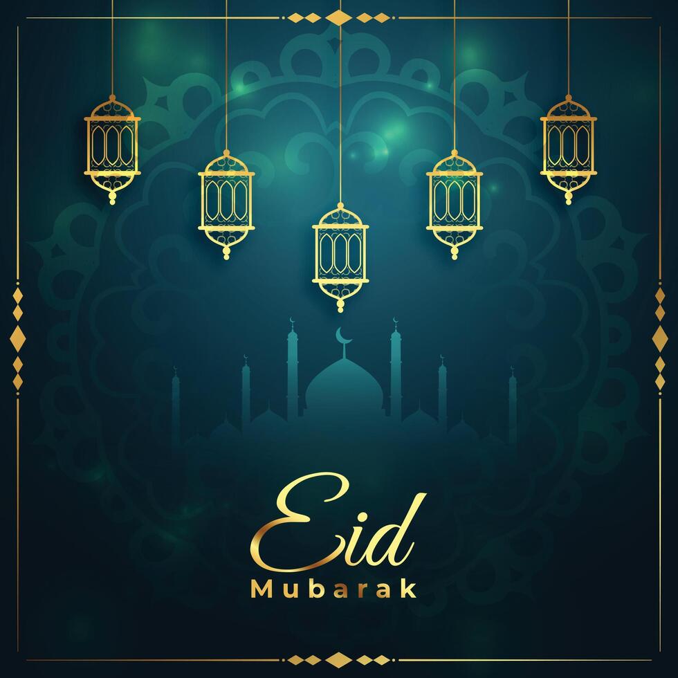 eid mubarak glimmend achtergrond met moskee en hangende lamp vector