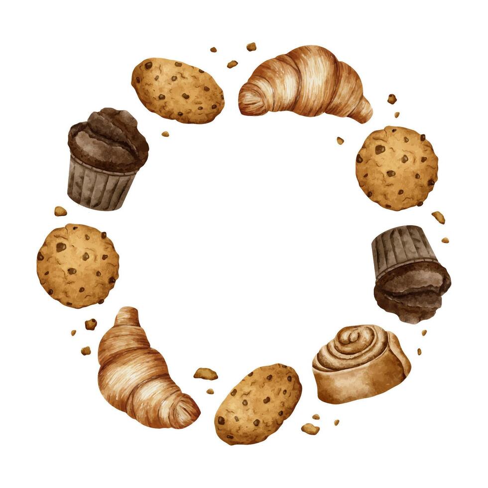 croissant, spiraalvormig kaneel rollen, koekjes, muffin. gebakje. bakkerij voedsel concept. waterverf kader. bakkerij Product. voor ontwerp van etiketten en verpakking van goederen, kaarten, logo voor bakkerij en bakkerij. vector