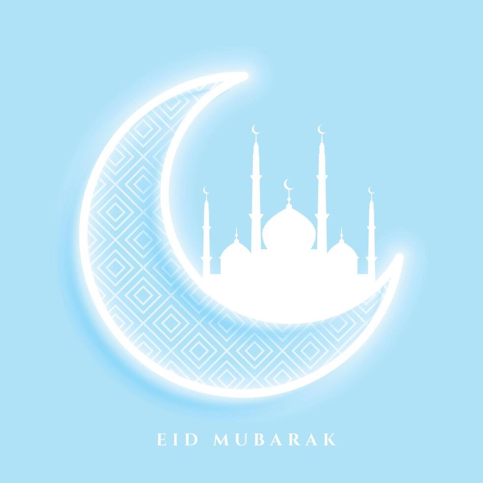 vieren eid mubarak evenement met gloeiend halve maan en moskee vector