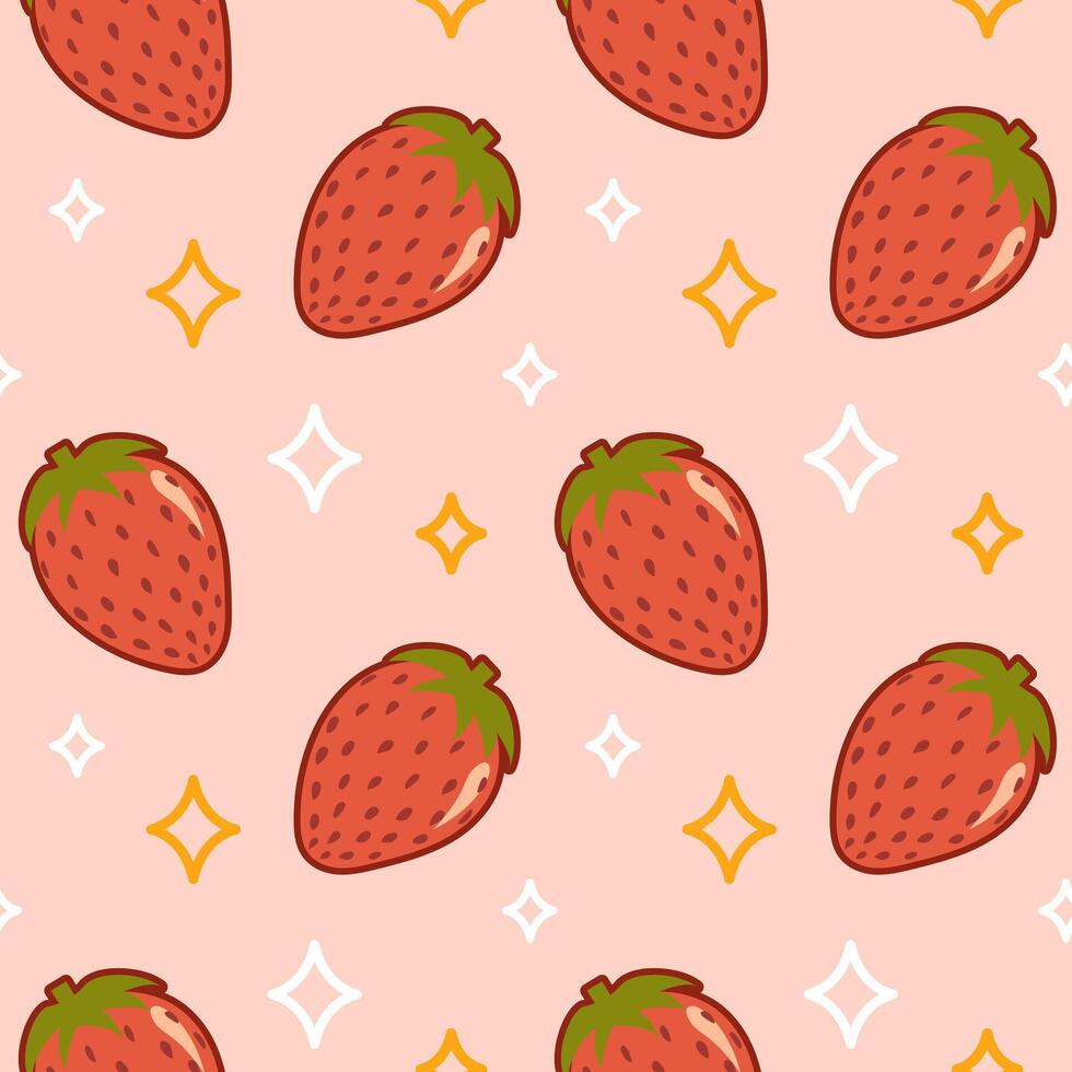 schattig aardbeien en sterren. roze naadloos zomer patroon in kawaii stijl. gezond voedsel. modieus oud stijl, retro tekenfilm. voor menu, cafe, behang, kleding stof, inpakken, achtergrond vector