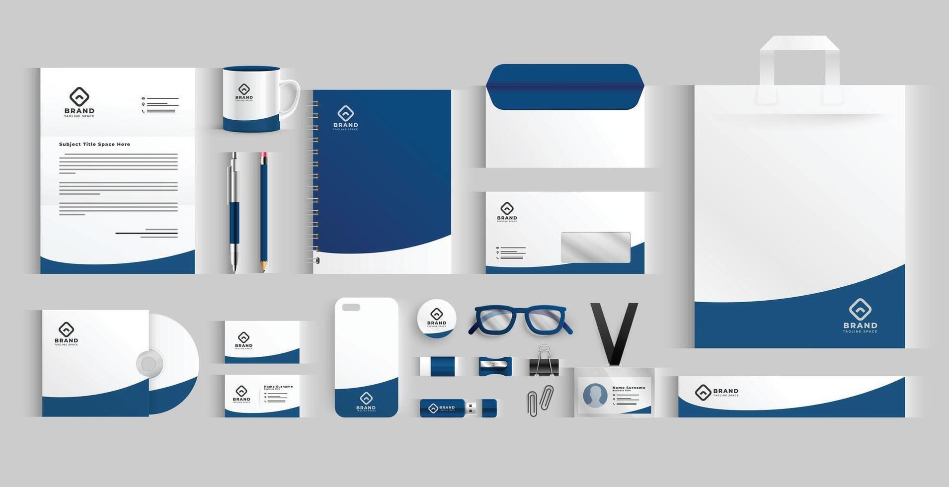 elegant bedrijf schrijfbehoeften items reeks in blauw kleur vector
