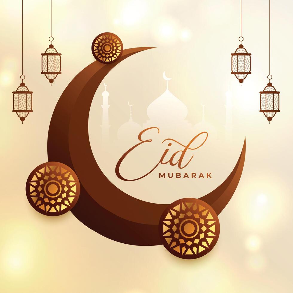 mooi eid mubarak groet met maan en moskee ontwerp vector