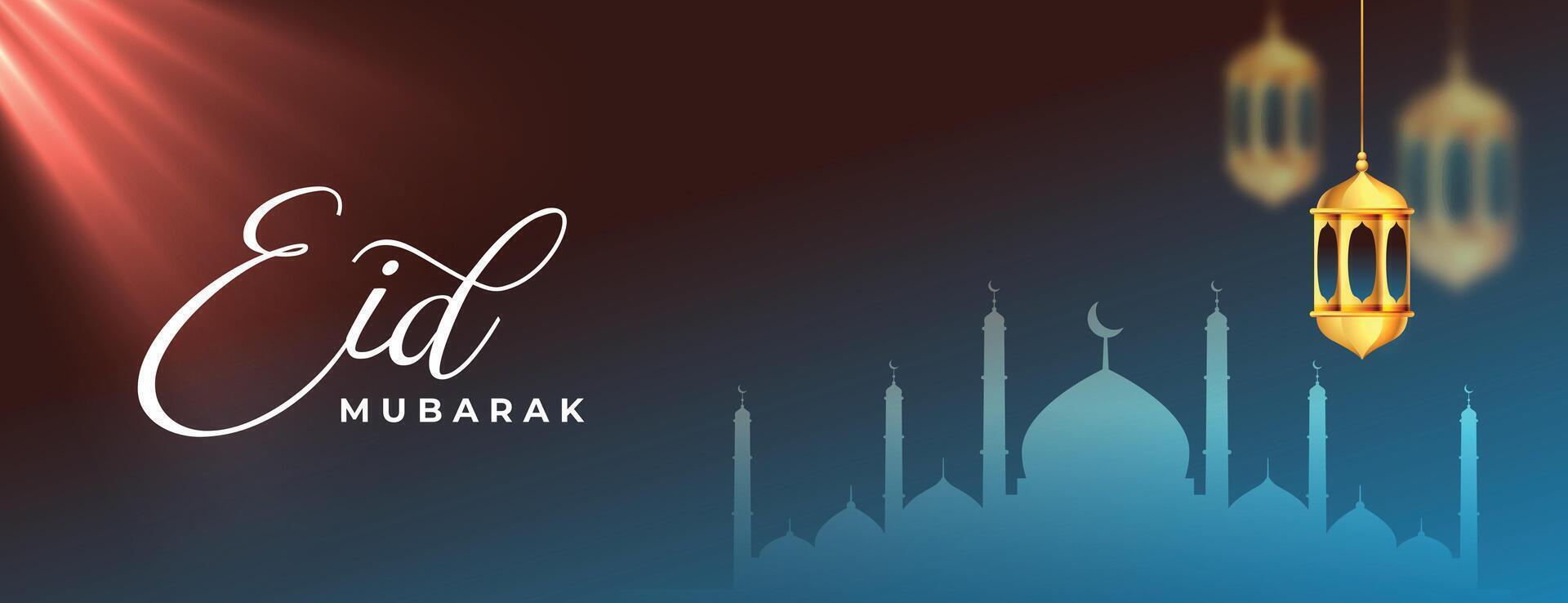 moslim eid mubarak realistisch lantaarn banier met licht effect vector
