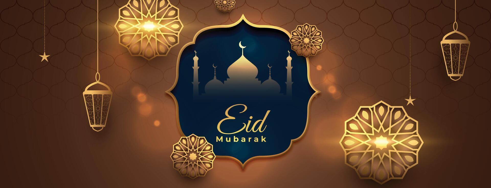 realistisch eid mubarak vakantie banier met Islamitisch decoratie vector