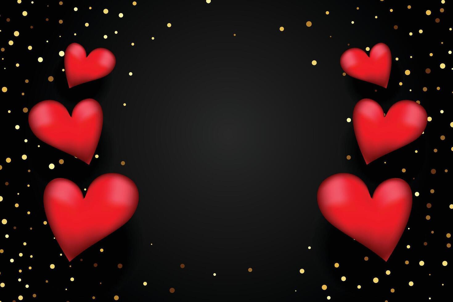 rood 3d harten met gouden confetti Aan zwart achtergrond met tekst ruimte vector