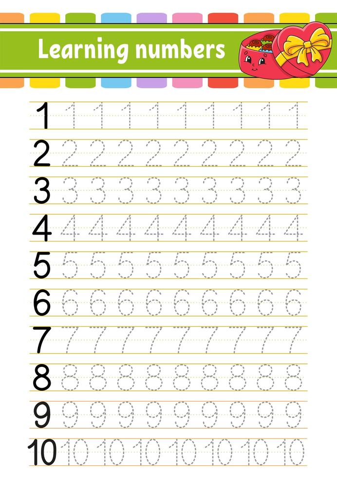 nummer 1-10. traceer en schrijf. handschrift oefenen. cijfers leren voor kinderen. onderwijs ontwikkelen werkblad. activiteiten pagina. spel voor peuters. geïsoleerde vectorillustratie in schattige cartoon-stijl. vector