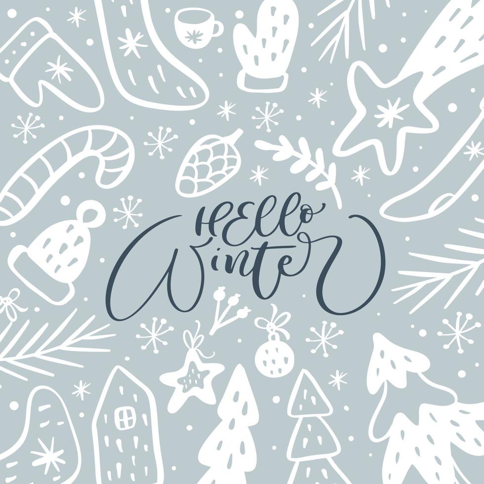 hallo winter vector kalligrafische belettering tekst en xmas doodle Scandinavische elementen. wenskaart voor de wintervakantie prettige kerstdagen en gelukkig nieuwjaar
