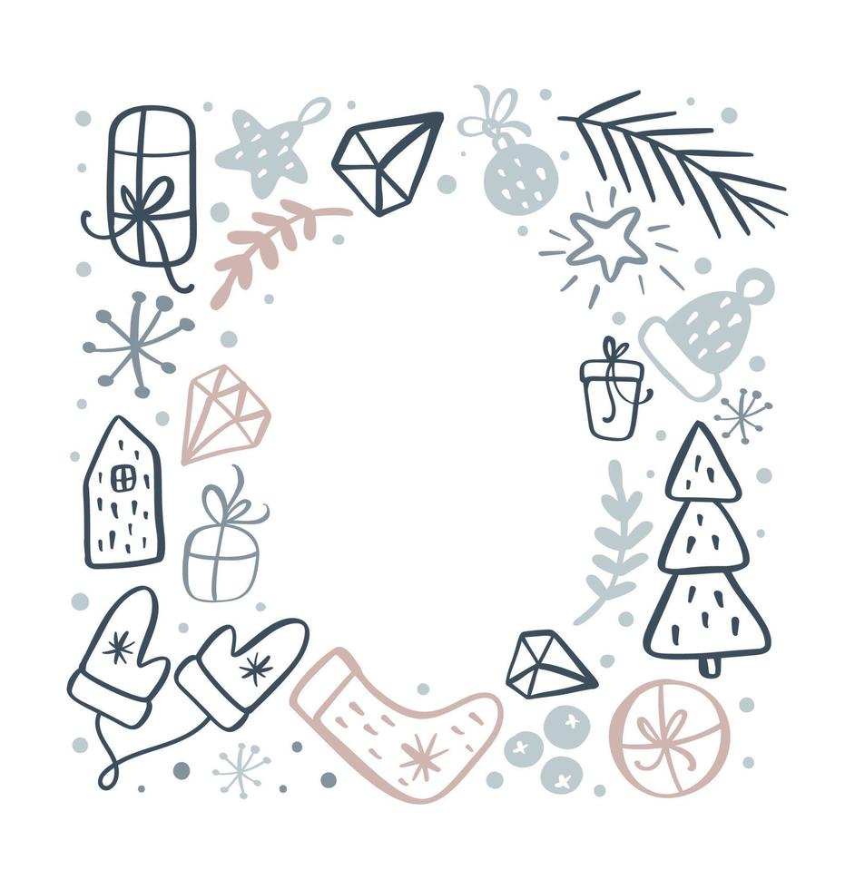 kerst vierkante frame van xmas doodle scandinavische elementen met plaats voor tekst. vector vakantie grens krans wenskaart voor wintervakantie vrolijk kerstfeest en gelukkig nieuwjaar