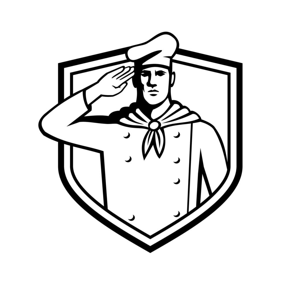 militaire chef-kok saluerend vooraanzicht set binnen kuif retro zwart-wit stijl vector