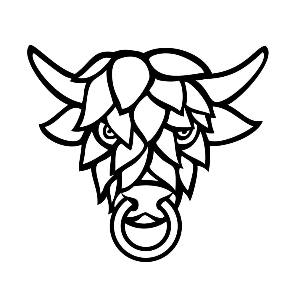 korte gehoornde stier hoofd met bier hop gezicht vooraanzicht mascotte zwart en wit retro vector