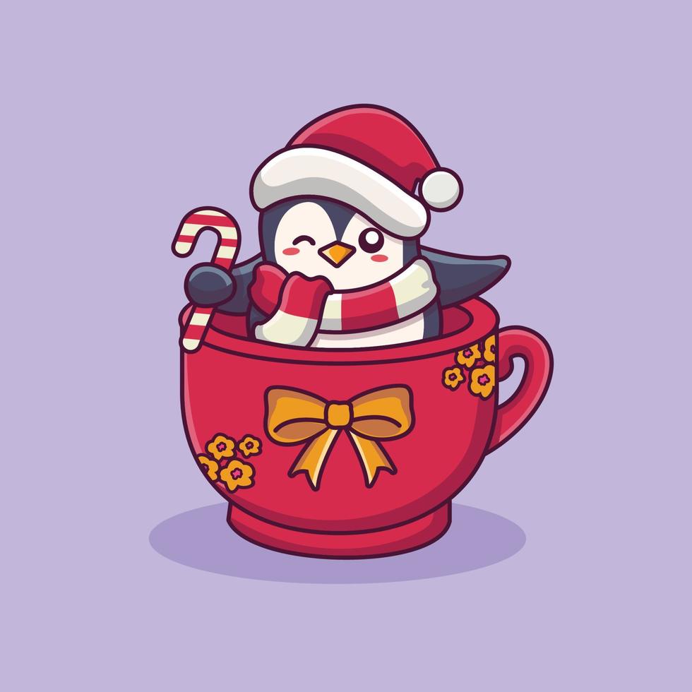 schattige pinguïn met kerstmuts in beker schattige kerst cartoon vector