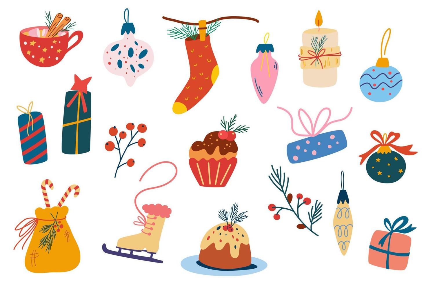 kerst elementen instellen. kerstboom, speelgoed, geschenken, snoep, slingers en dennentakken. vakantiedecoratie voor gelukkig nieuwjaar. set winterartikelen. voor kaarten, uitnodigingen, scrapbooking. vector