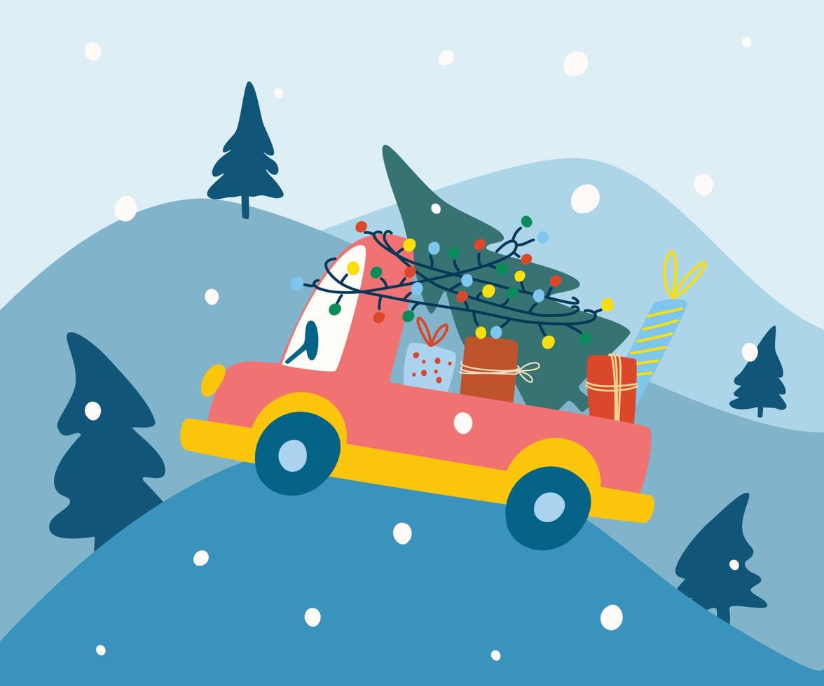 nieuwjaarsauto met geschenken. winter bos. prettige kerstdagen en gelukkig nieuwjaar ontwerp. vakantiebanner, webposter, flyer, stijlvolle brochure, wenskaart. vector hand tekenen cartoon afbeelding.