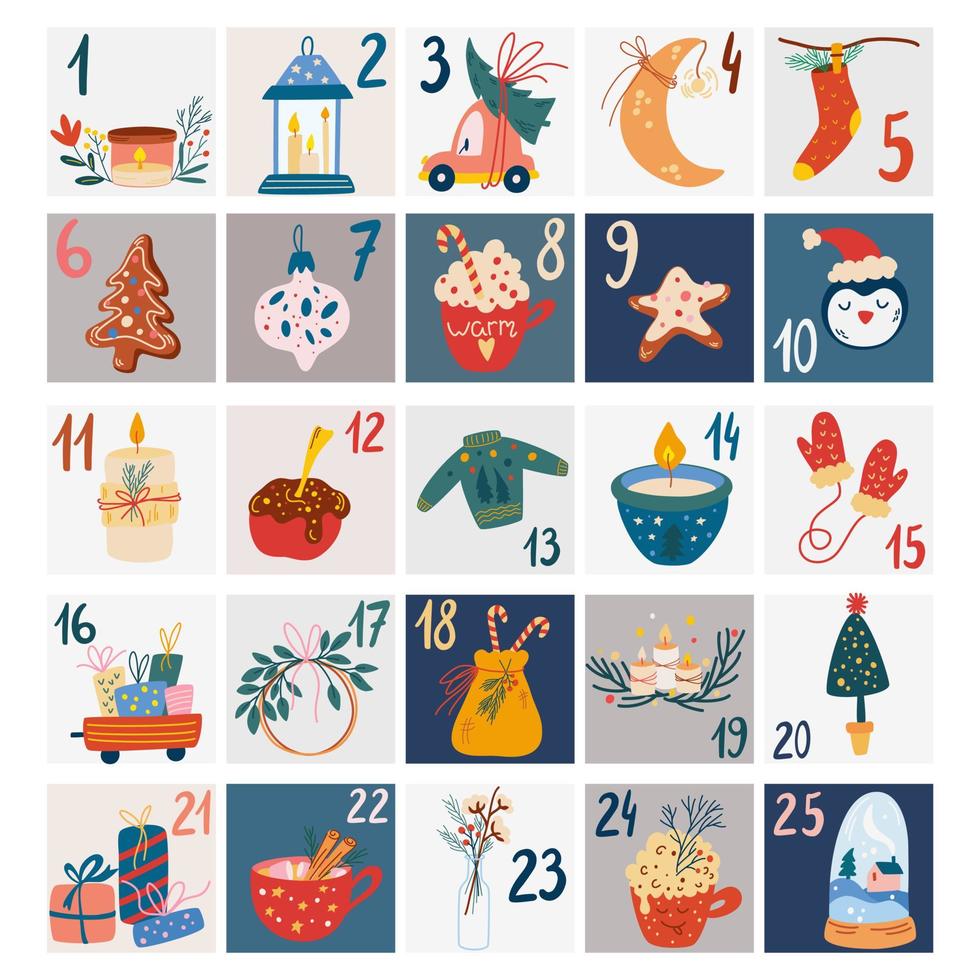 kerst adventskalender. kerstaffiche in scandinavische stijl. vector handgetekende elementen. leuke winterillustratie voor kaart, poster, kinderkamerinrichting, kinderkamerkunst.