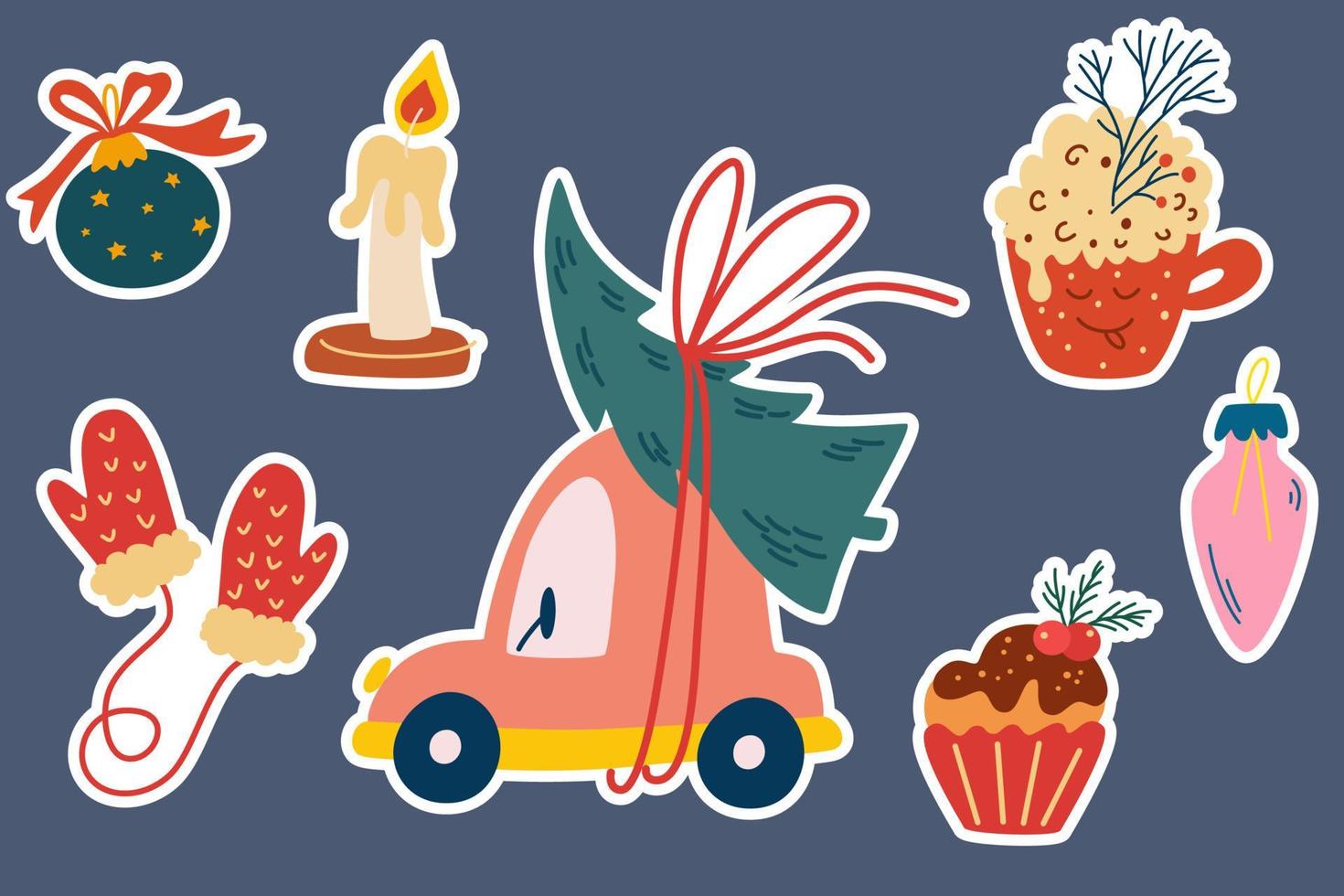 kerst stickers. auto met een kerstboom, versieringen, wanten, ballonnen, snoep en kaarsen perfect voor wenskaarten, uitnodigingen, flayers. vector cartoon vakantie illustratie.