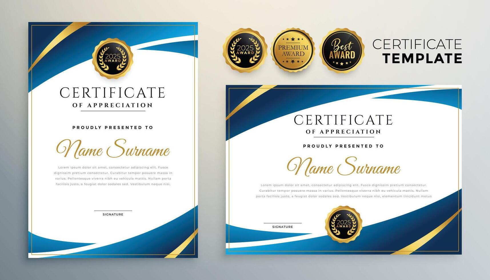 elegant blauw premie certificaat sjabloon ontwerp reeks vector