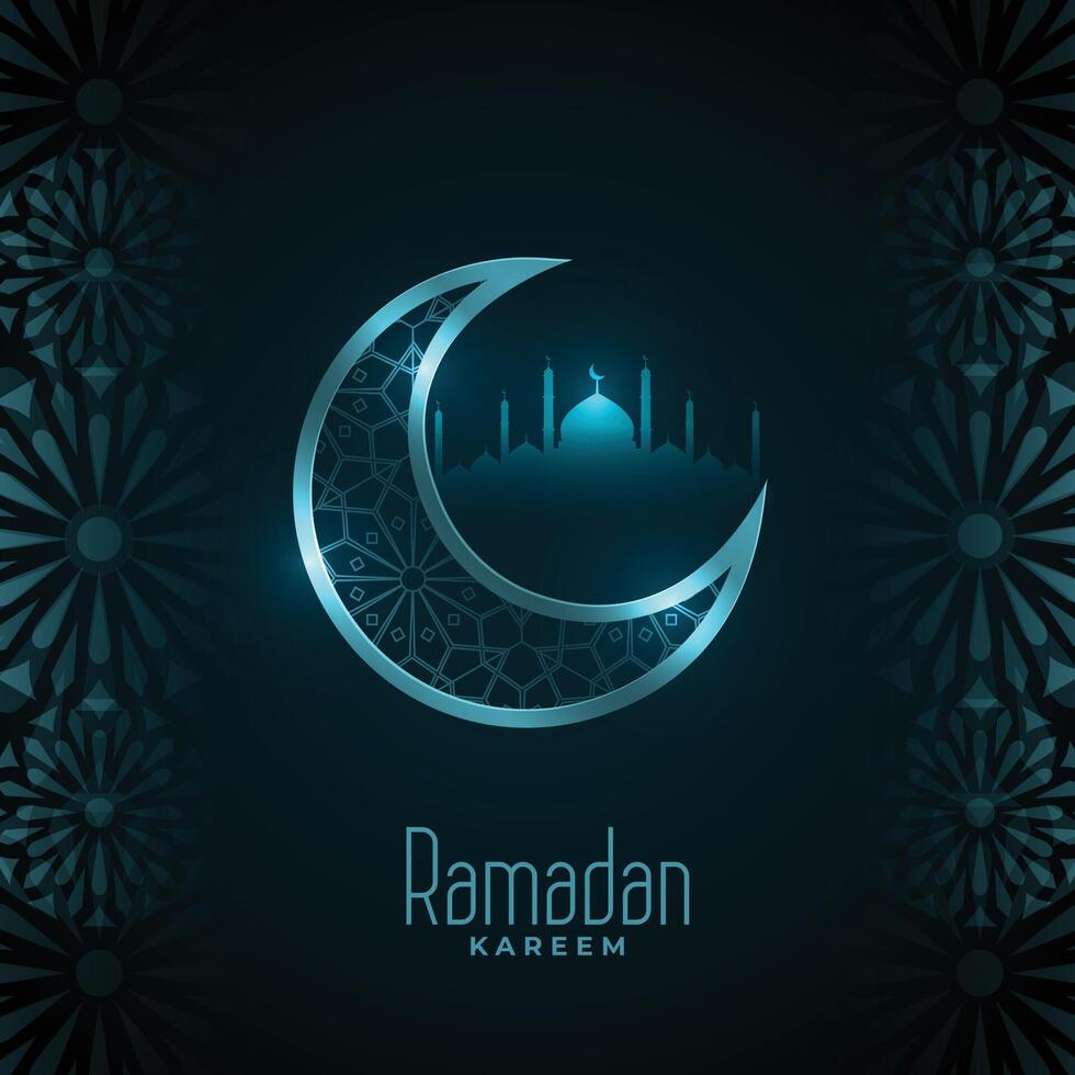 glimmend Ramadan kareem maan en moskee kaart ontwerp vector