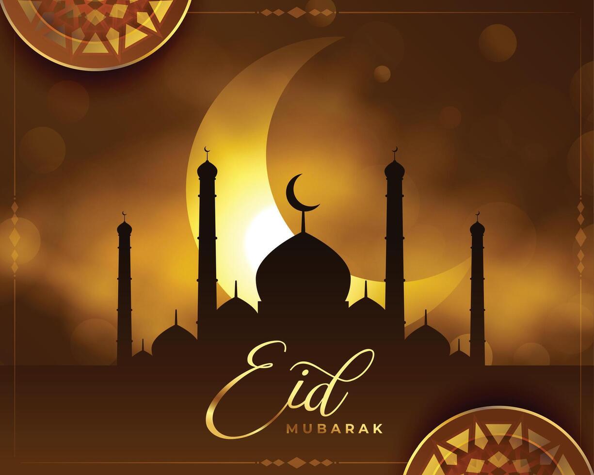 eid mubarak vakantie achtergrond met glimmend maan en moskee vector