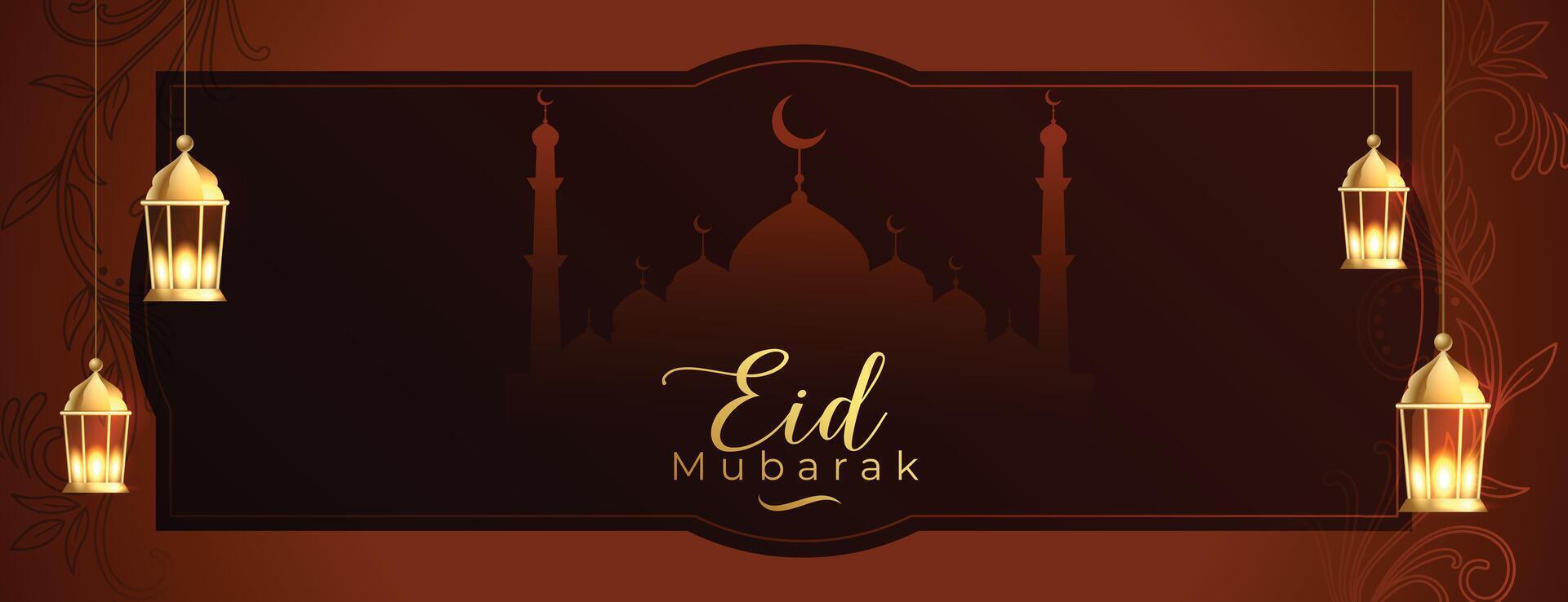 mooi eid mubarak vakantie behang met moskee en gloeiend lamp vector