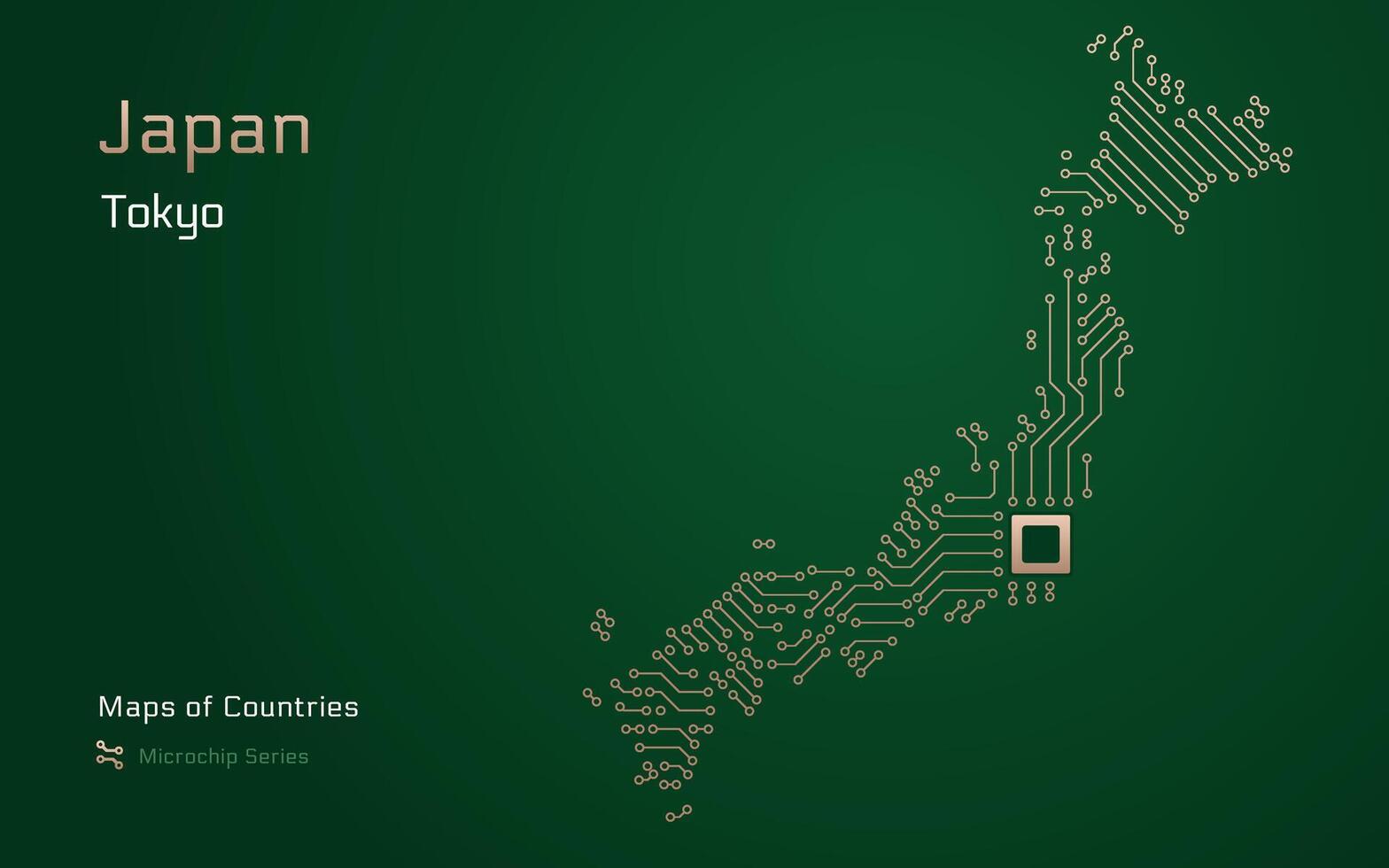 Japan kaart met een hoofdstad van tokyo getoond in een microchip patroon. e-overheid. tsmc. wereld landen vector kaarten. microchip serie