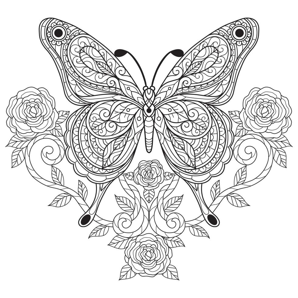 vlinder en roos hand getekend voor volwassen kleurboek vector