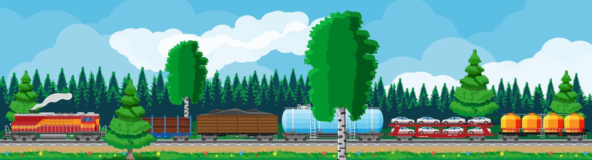 trein met lading wagens, reservoirs, tanks en auto's. spoorweg vracht verzameling. natuur landschap met bomen, heuvels, Woud en wolken. lading het spoor vervoer. vlak vector illustratie
