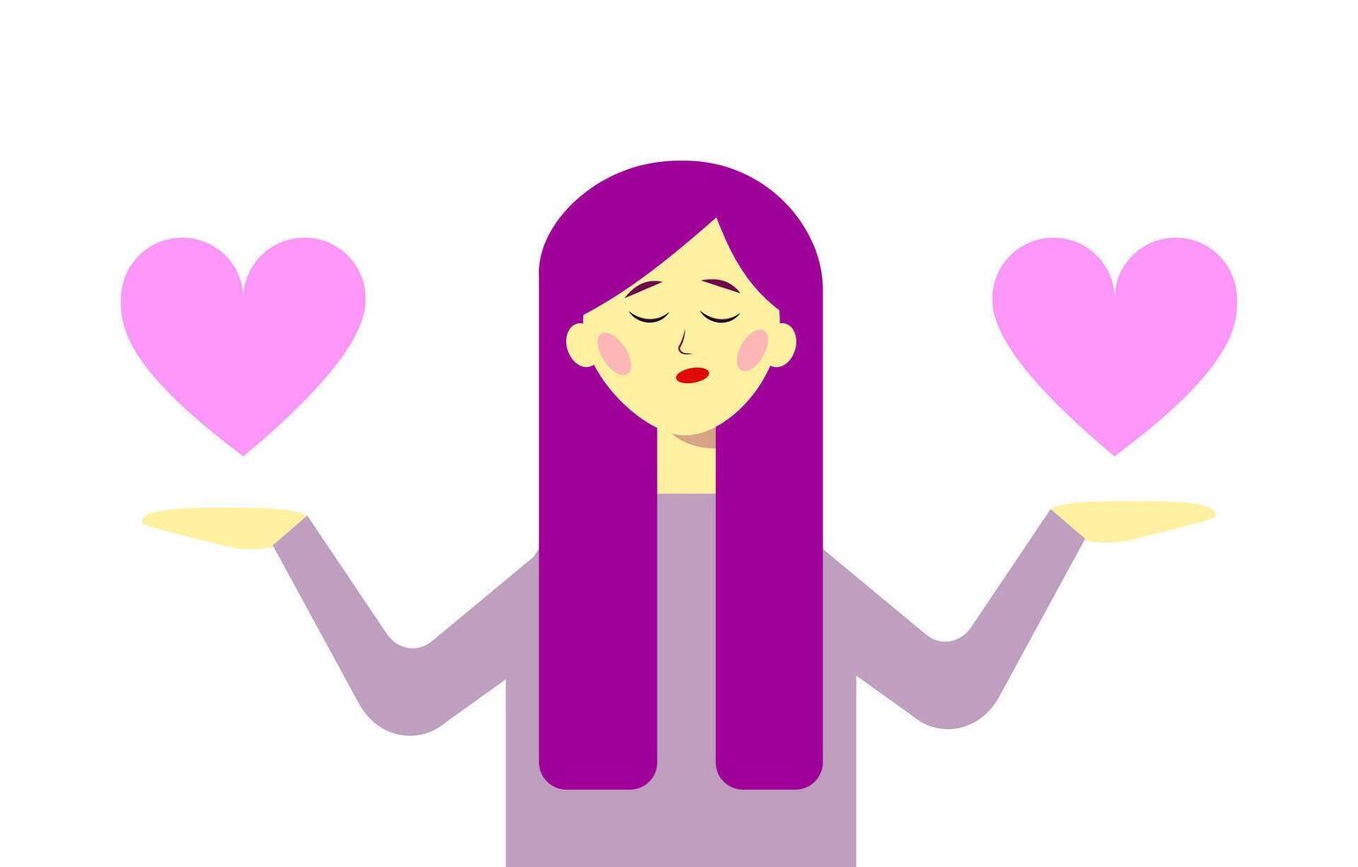 een meisje met Purper haar- houdt harten in haar handen. vlak vector illustratie.