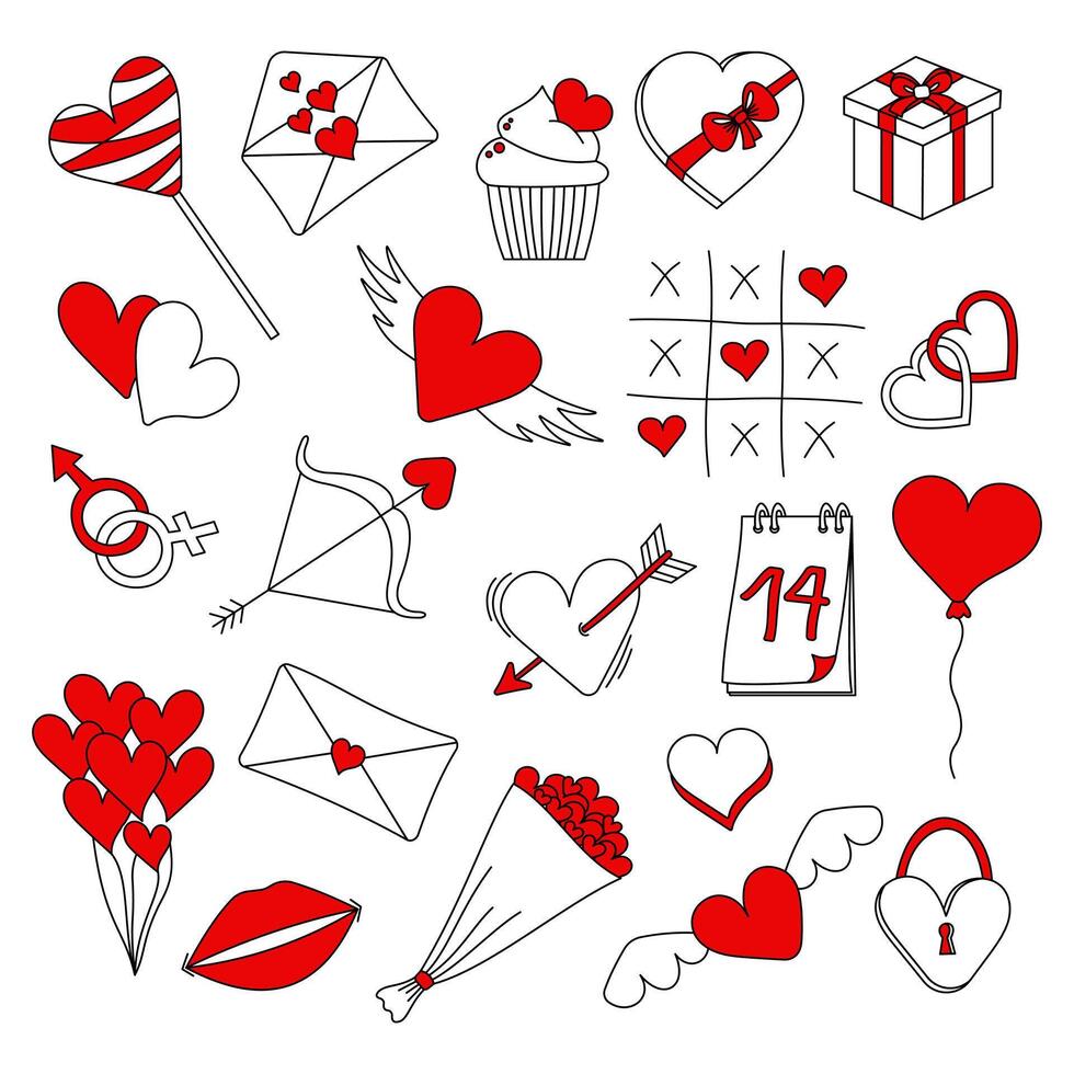 rood en wit valentijnsdag stickers voor Valentijnsdag dag. hand- getrokken reeks van valentijnskaarten. vector illustratie