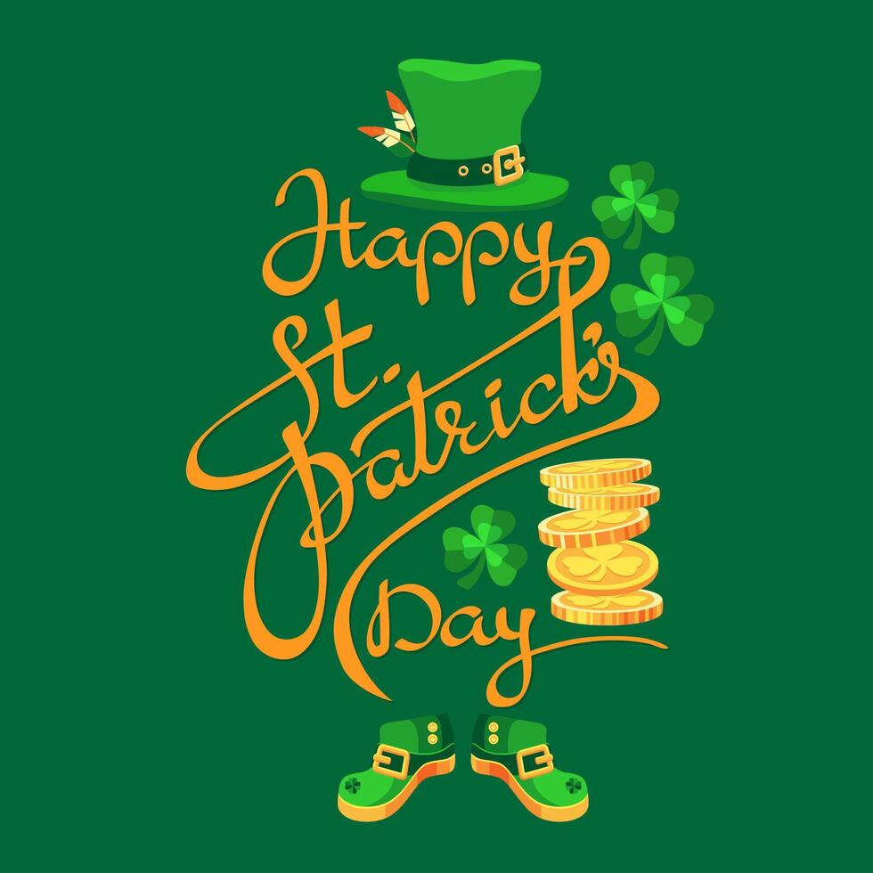 gelukkig st. Patrick dag. handgeschreven belettering, elf van Ierse folklore hoed, schoenen. vector. vector