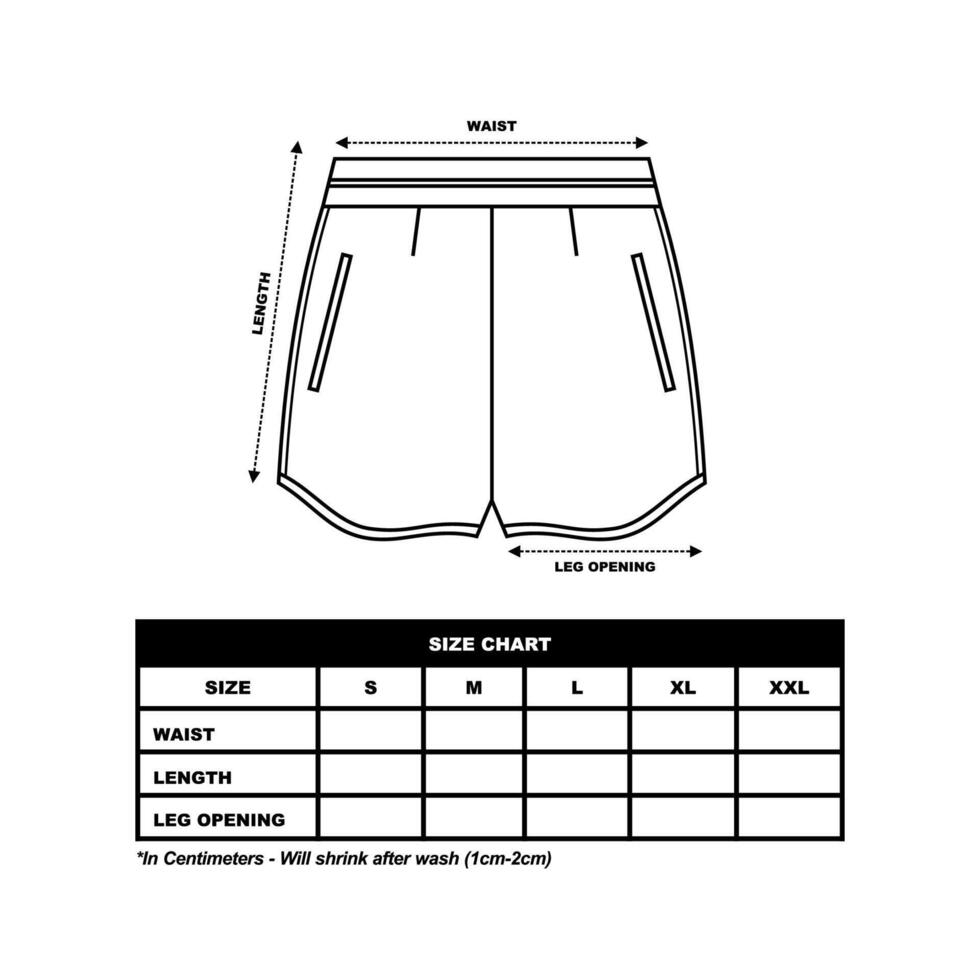 kort broek grootte grafiek, zweet shorts mode vlak sjabloon, sportkleding unisex tabel grootte vector